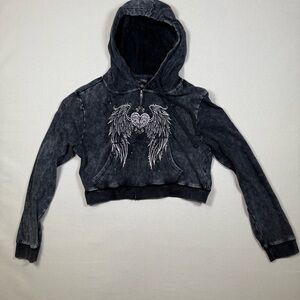 Social Collision Cropped Zip Hoodie Angel Wings Rhinestones Y2K Grunge | L